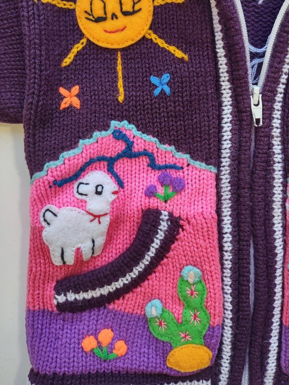 Peruvian Cardigan Sweater Kid Size 2T Full Zip Hood Pockets Purple & Pink - Picture 7 of 8